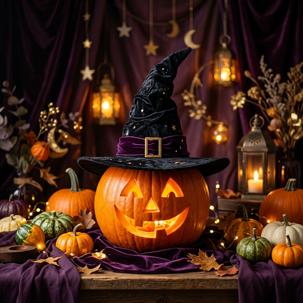 Glowing jack-o’-lantern with witch hat