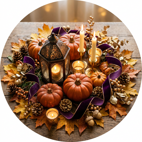 Pumpkins, autumn leaves and lantern